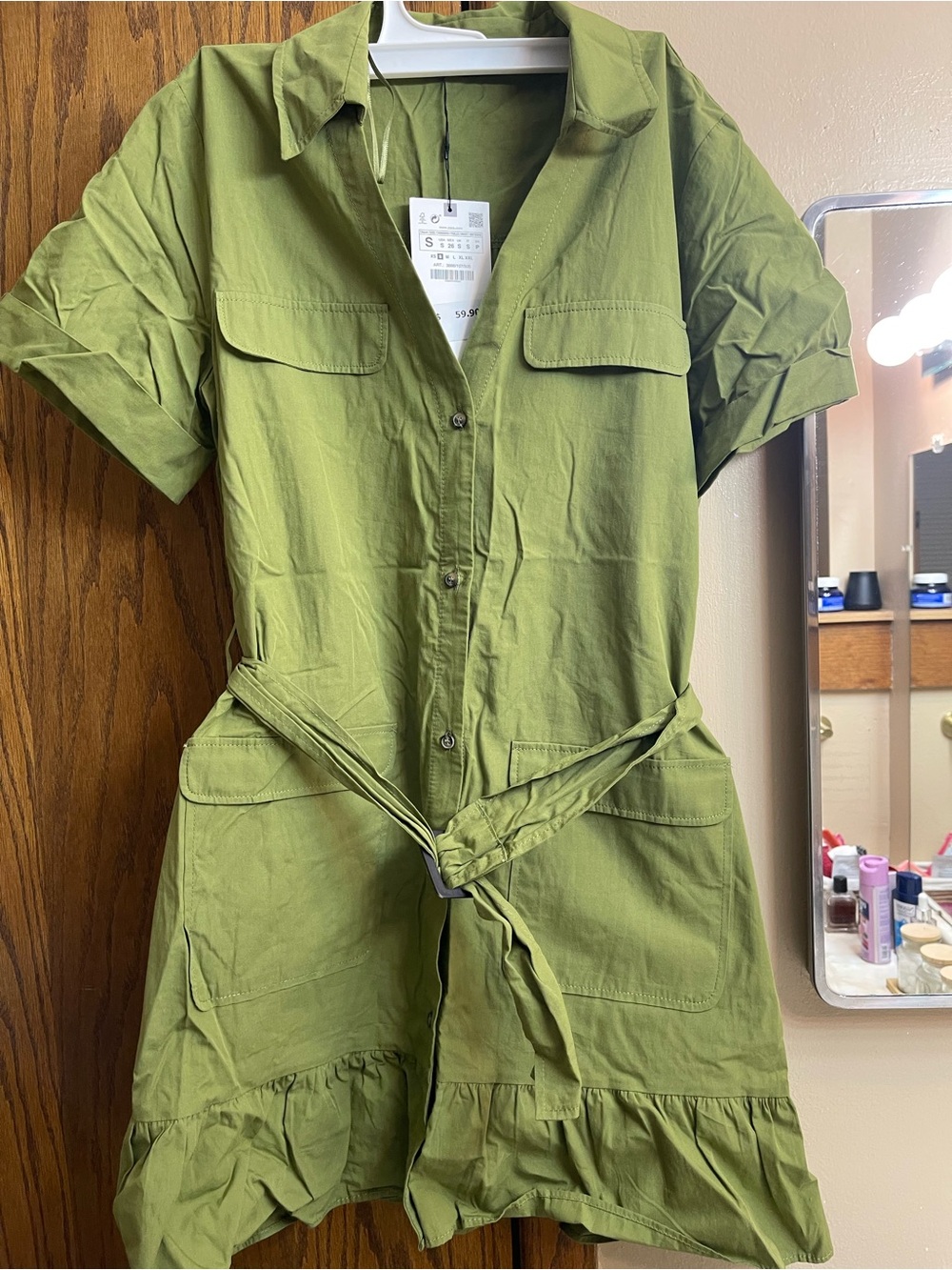 Zara Olive Green Shirt Dress with Waist Tie